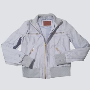 Miss London - Baby Blue Moto Leather Jacket with Gold Detail